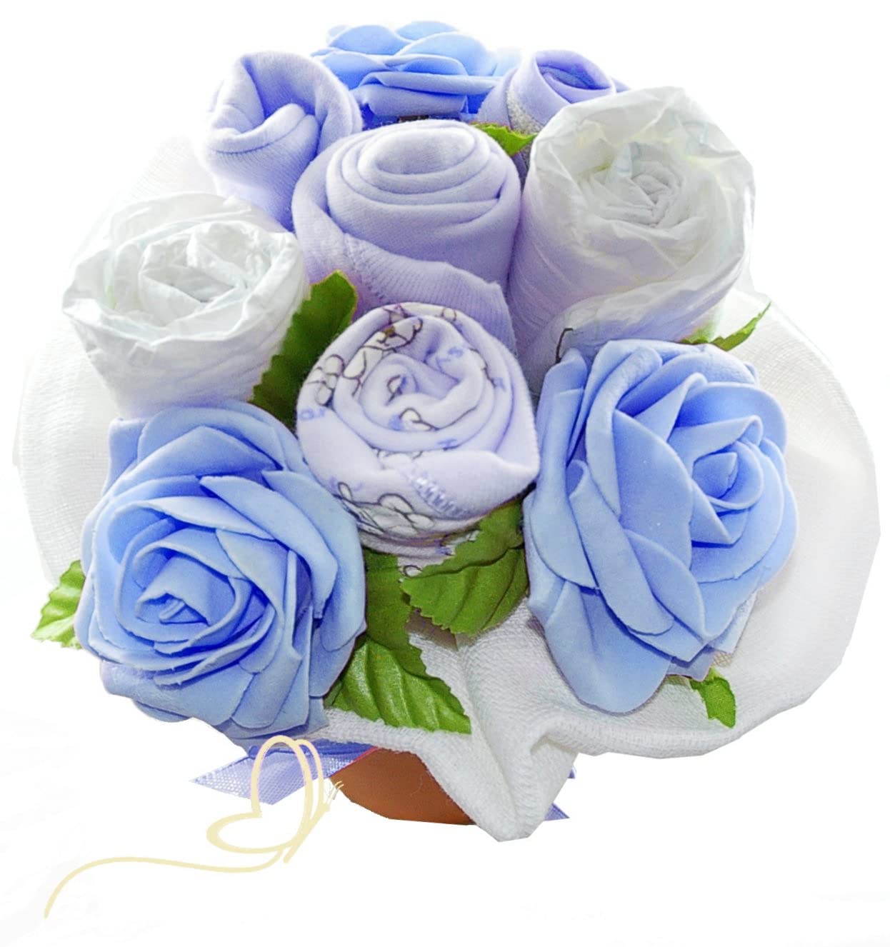 Baby Blumentopf | Windeln, Babytextilien und Rosendeko - Baby Blumenstrauß | Geschenk zur Babyparty Babyshower & Geburt (blau)