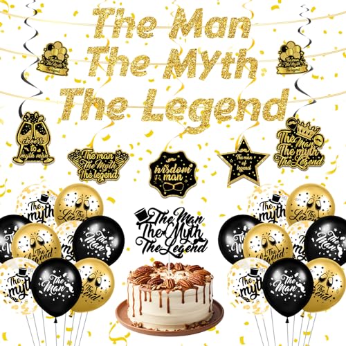The Man The Myth The Legend Decorations Black Gold Vintage Birthday Decorations Glitter Retirement Party Decorations Banner Hanging Swirls Balloons Cake Topper for Men Dad Birthday Party Supplies