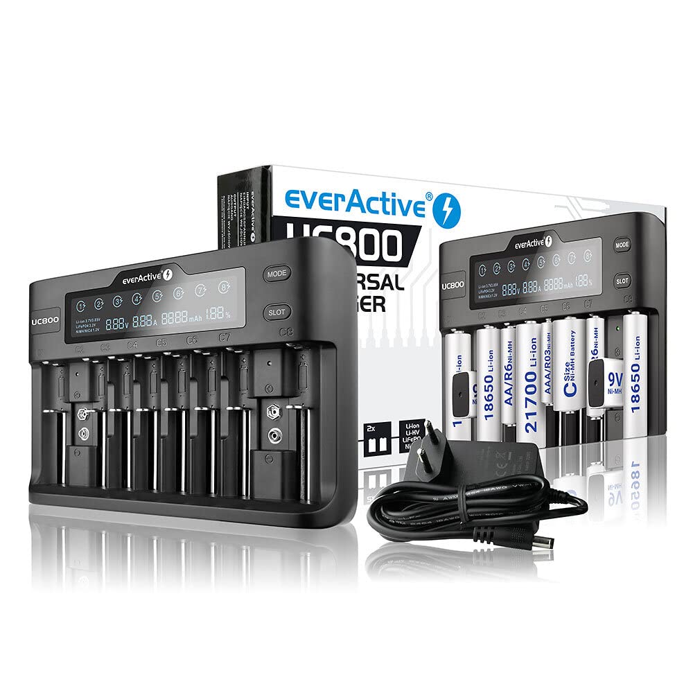 everActive Caricatore per fino a 10 batterie agli ioni di litio e NI-MH, Li-HV e Li-FePO4 professionale, veloce e universale, display LCD, test di capacità, modello: UC800