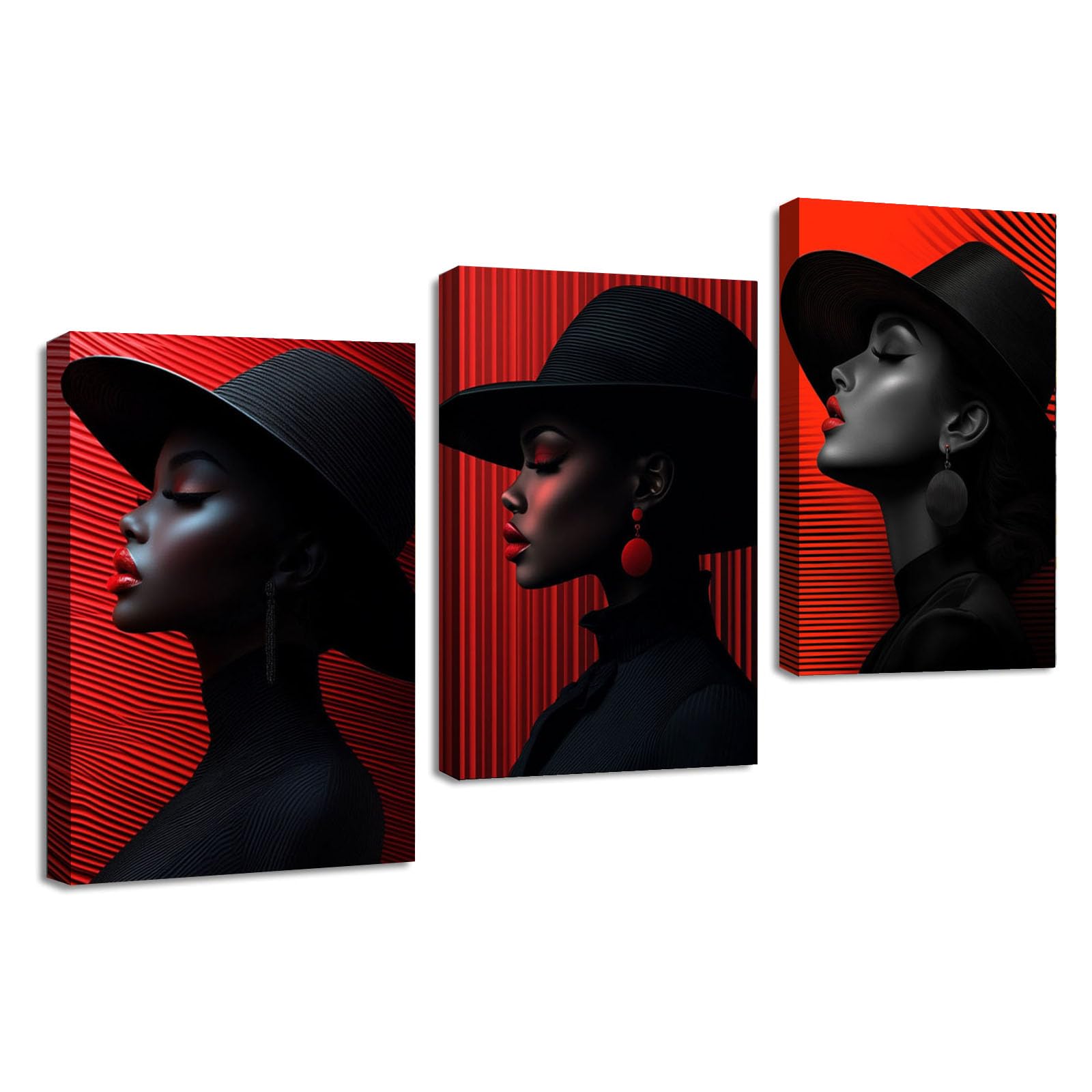 TZKRWRH Africana Mujer Negra Set de 3 Cuadros Retrato abstracto de una mujer Lienzo Moderna Abstractas Cuadro Arte Pared Para Sala Estar Carteles E Impresiones（Red 9-40x60cmx3 Enmarcado