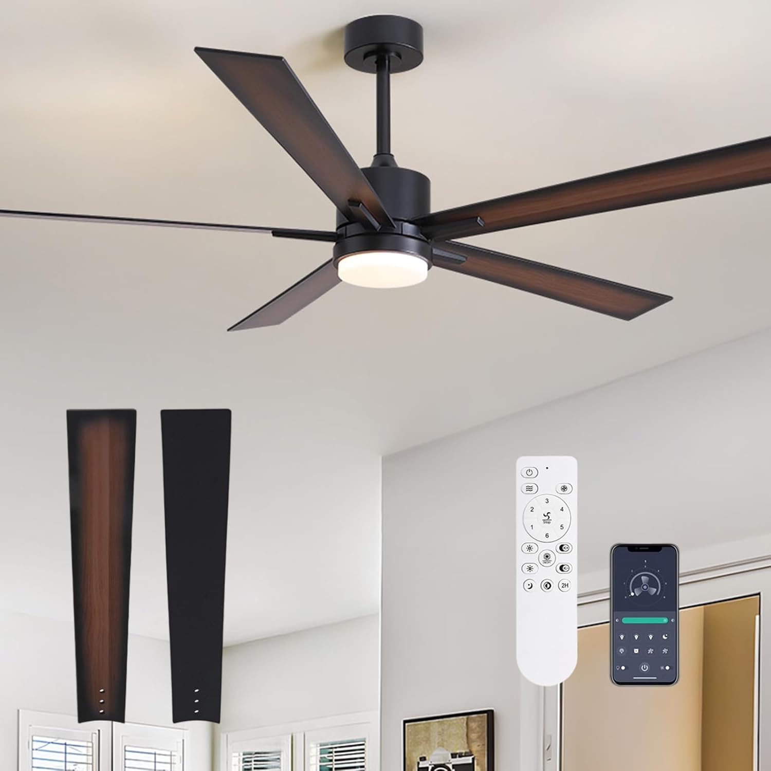 APBEAMLighting 60 inch Large Ceiling Fan with Light and Remote, Quiet DC Motor Reversible 5 Blades, Dimmable LED, 6-Speed,Rustic Farmhouse Ceiling Fan Black and Walnut for Living Room Porch Indoor