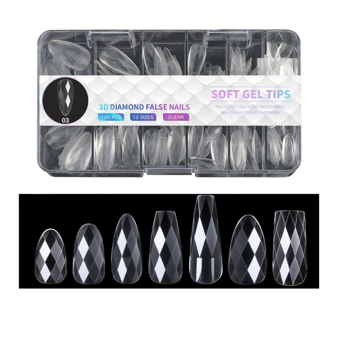 NAILWIND 3D Diamond Shape Designs False Nails,150 Pcs Soft Gel Tips Full Cover Acrylic Nail Tips, Nail Extension 14 Sizes Suitable for Nail Tips Art Salons ? Home CLEAR, SHORT - ALMOND-image-12