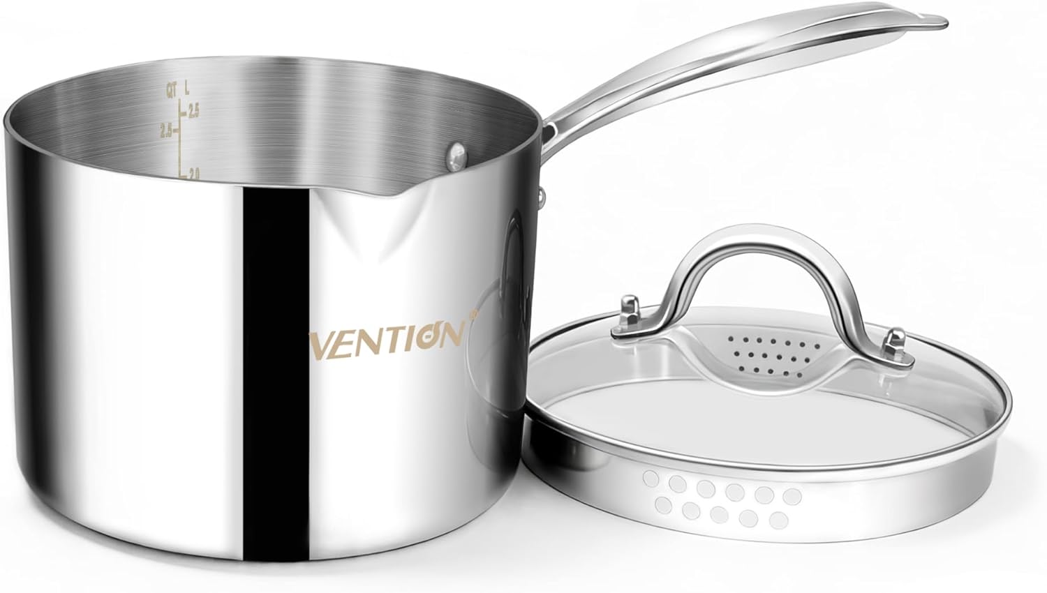 VENTION Tri-Ply Stainless Steel 3 Quart Saucepan with Glass Strainer Lid, Sauce Pan with Pour Spout, Small Pots for Cooking