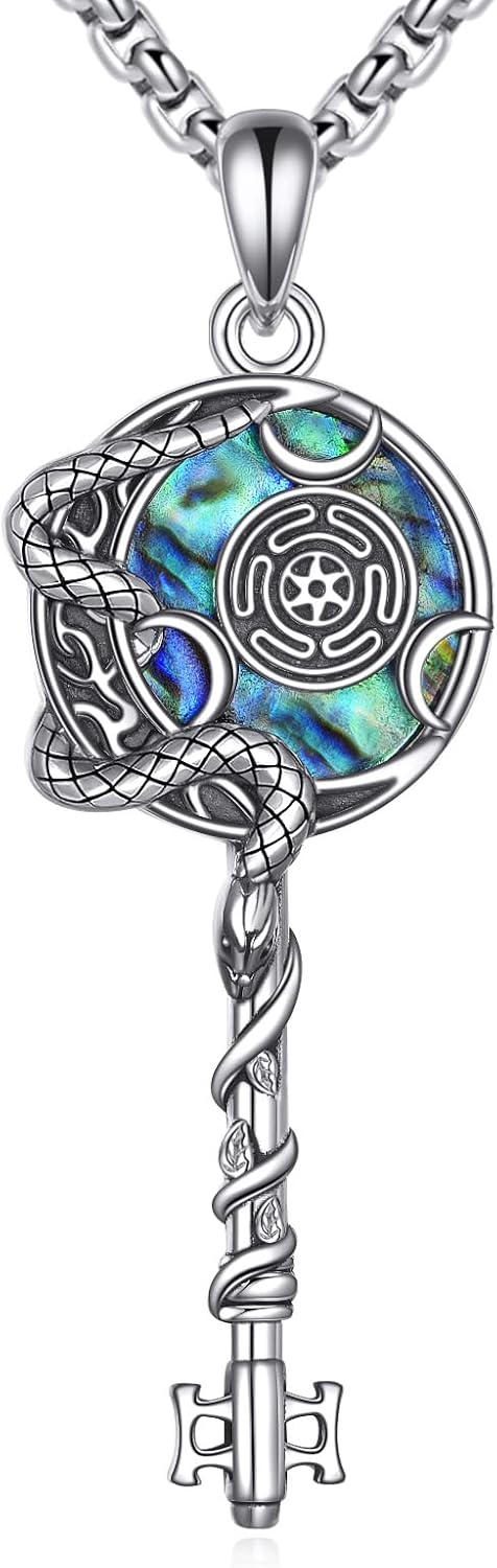 Hecate Key Necklace Sterling Silver Hekate Wheel Pendant Snake Moon Key Necklace Hecate Jewelry Gifts for Women