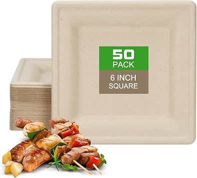 50 Pack Disposable Paper Plates 100% Compostable 6 Inch Square Biodegraded Square Plates Paper Appetizer Heavy Duty Dinner Platters for Party, BBQ, Picnic