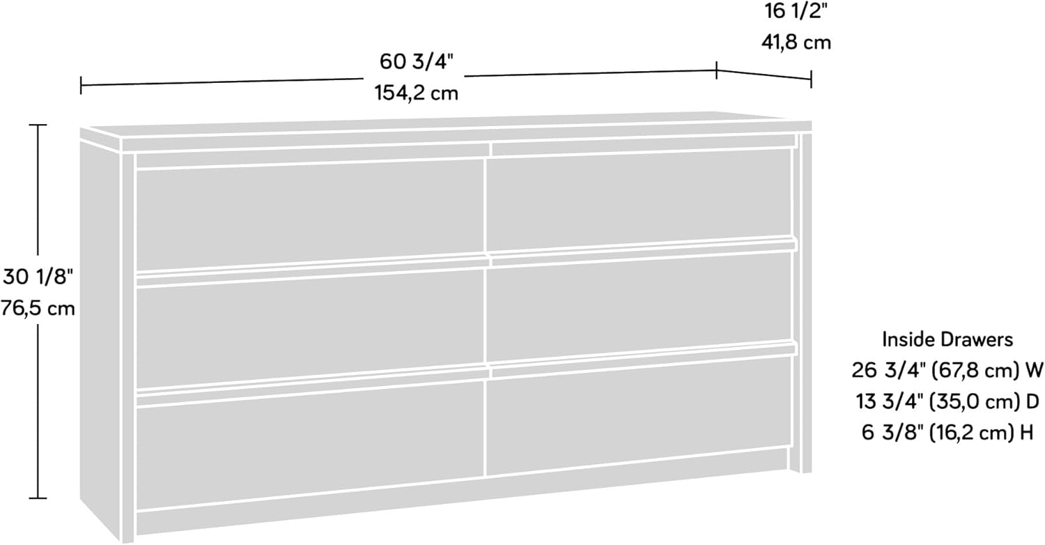 Diagram showing the dimensions of the Sauder Harvey Park 6 Drawer Dresser