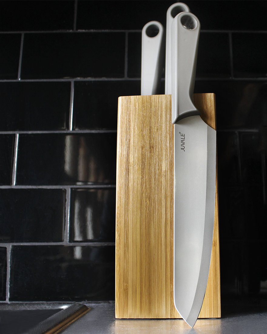 Bamboo Knife Block with Bristles, Natural Wood Universal Knives Holder