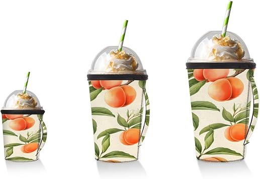 Spring Delicious Peach Iced Coffee Sleeve with Handle for Cold Drinks Beverages, Reusable Neoprene Coffee insulator Sleeves for 18-20oz Coffee Cups