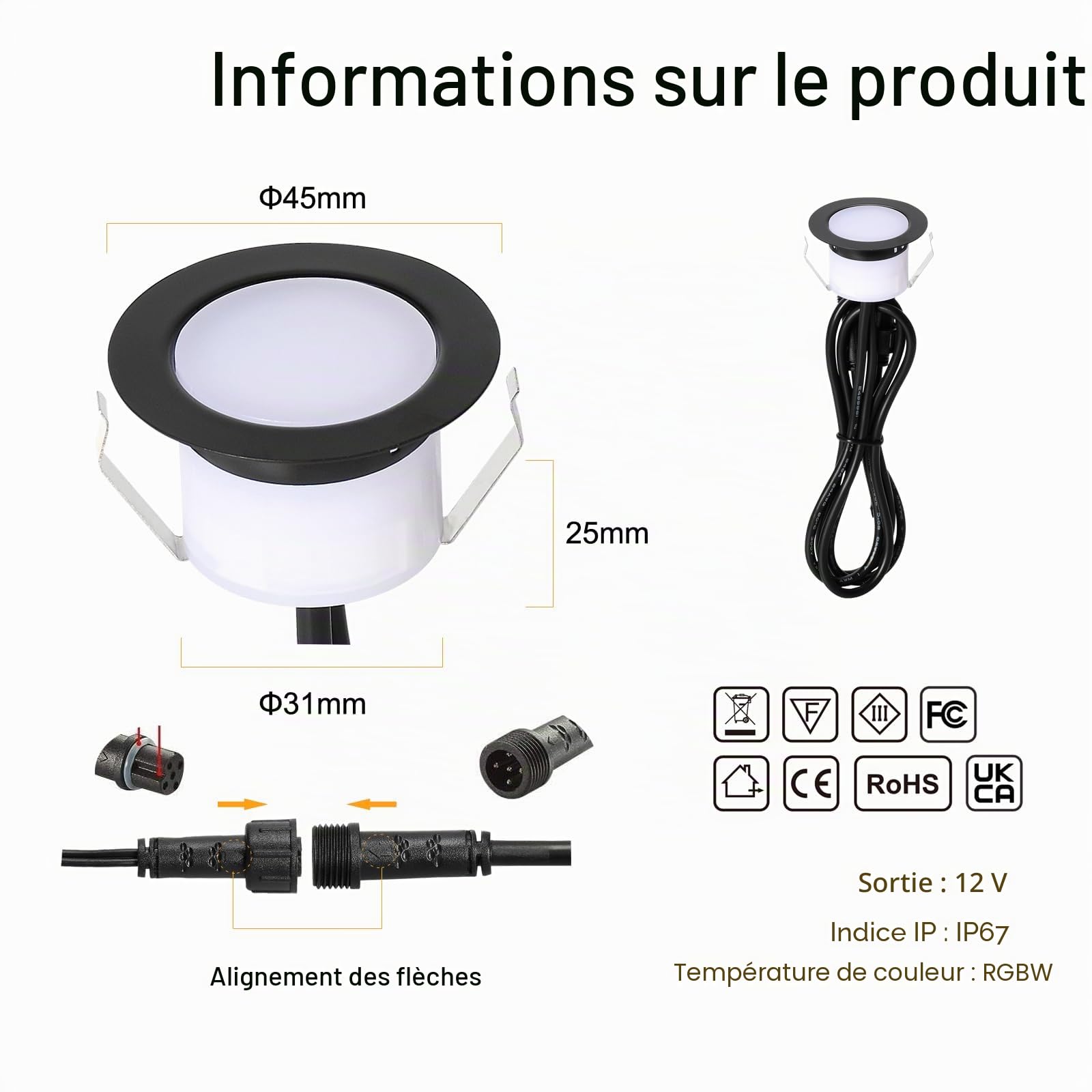 Mini Spot LED Encastrable Extérieur WiFi RGBW 12V, Ø45mm, Lot de 30