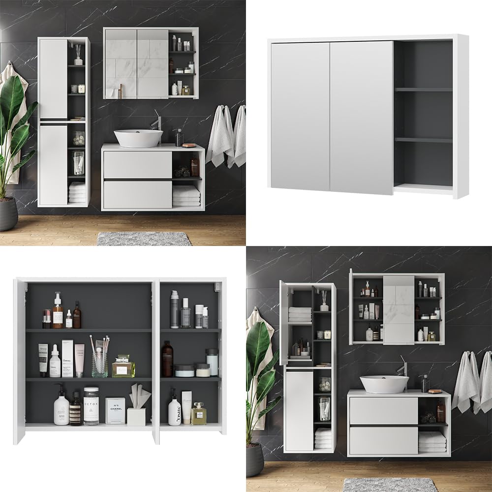 Vicco Specchio contenitore bagno Viola, Bianco/antracite, 100 x 75 cm, per montaggio a parete con ripiani aperti