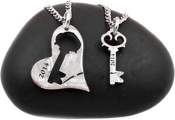 Key to My Heart Necklaces, Custom Engraved Dates, His and Hers, Relationship Jewelry, Hand Cut Coin