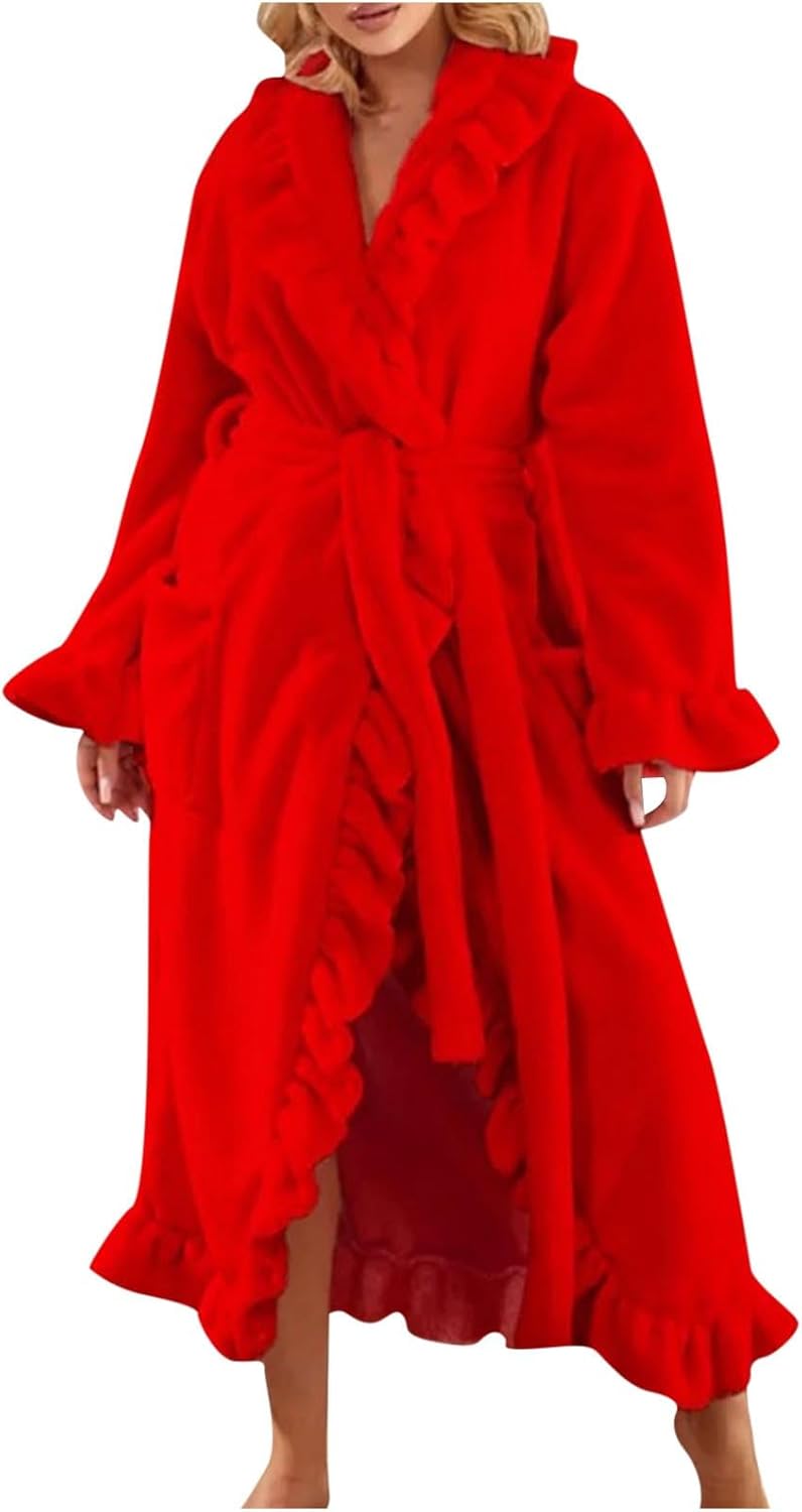 Oplxuo Fuzzy Robe for Women Cute Ruffle Plush Soft Long Sleeve Robes Fluffy Warm Fleece Long Bathrobe with Pockets