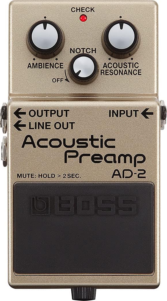 Boss AD-2 Acoustic Preamp Bundle with Gearlux Power Supply, Instrument Cable, Patch Cable, and Picks