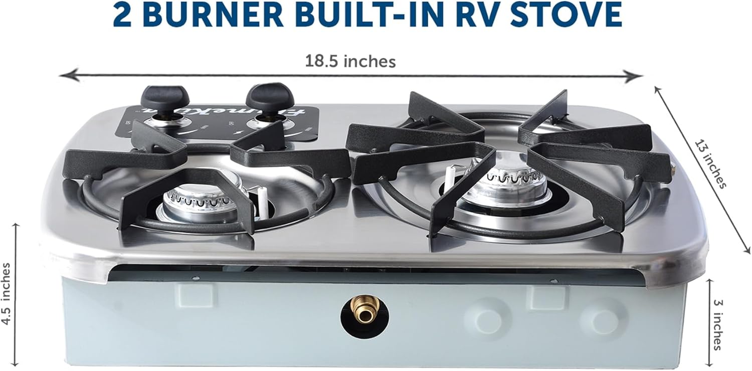 Flame King YSNHT600 2-Burner Built-in RV Cooktop Propane Stove, 7200 and 5200 BTU Burners, Self-Igniting, Cover Included, Silver, 18.5" x 13" x 4.5"