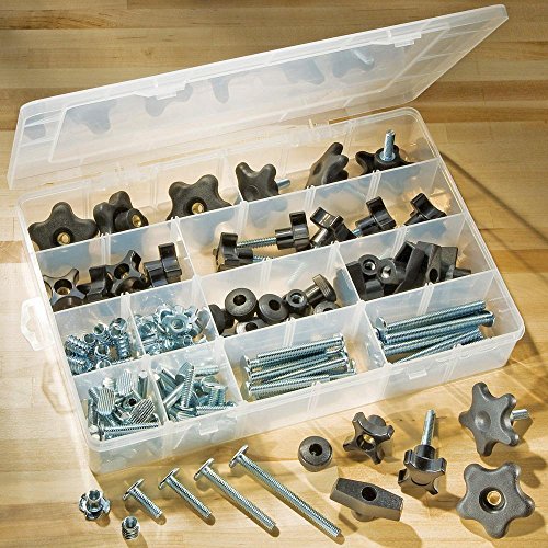 129 Pcs Jig Hardware Kit (5/16"-18) – Cabinet Hardware Jig Kit Includes T Bolt, 4, 5-Star Insert Knobs, 4, 5-Star Bolt Knobs, 1” Round Knobs, Storage Case, Threaded Inserts, & T-Nuts - Jig Accessories