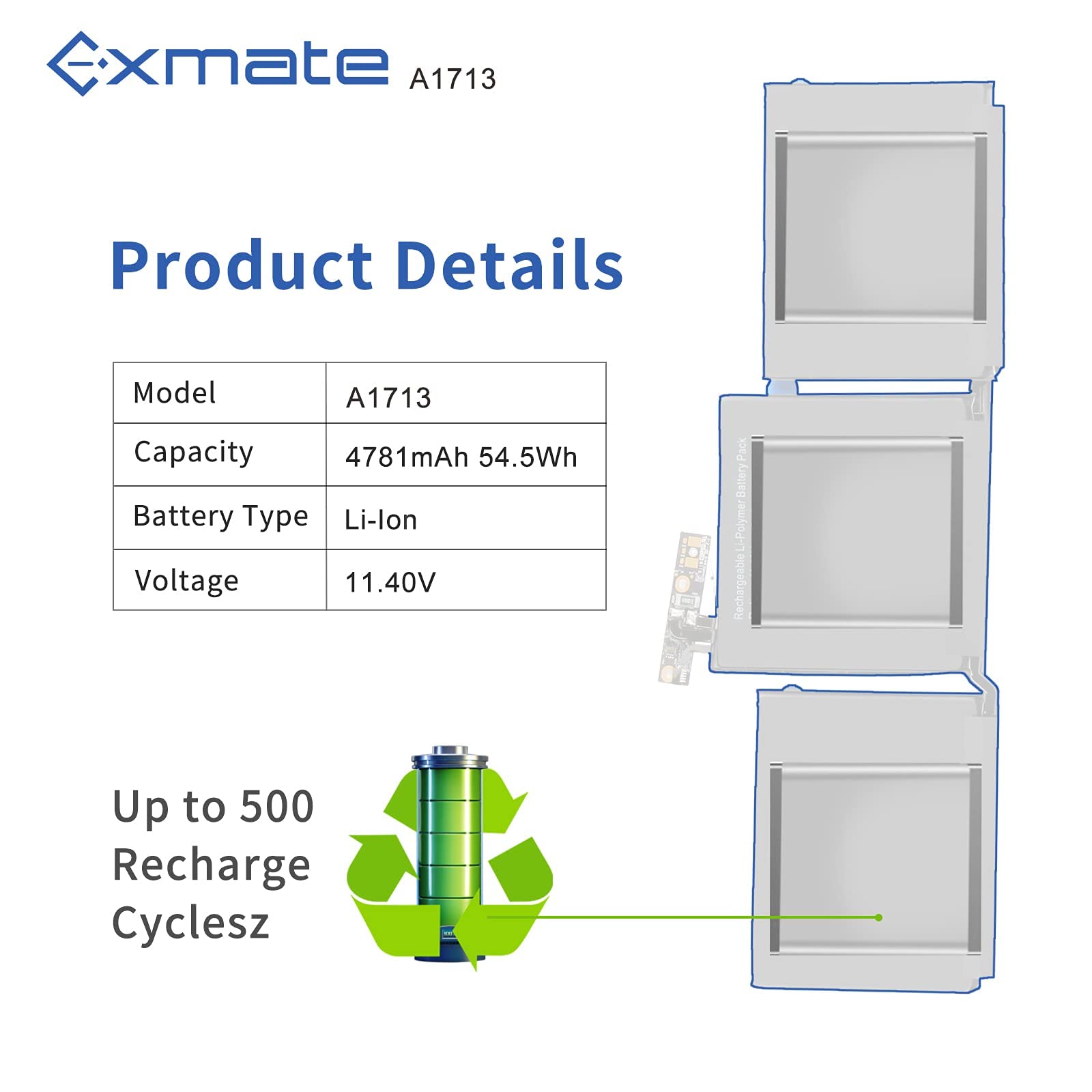 Exmate A1713 A1708 54.5Wh bateria do MacBooka Pro13 Zoll-A1708 (nur für Ende 2016, Mitte 2017) A2159 (2019) A2289 (Mitte 2020) A2338 (M1 Ende 2020 )-[47……81 mAh/54,5 Wh/11,4 V]