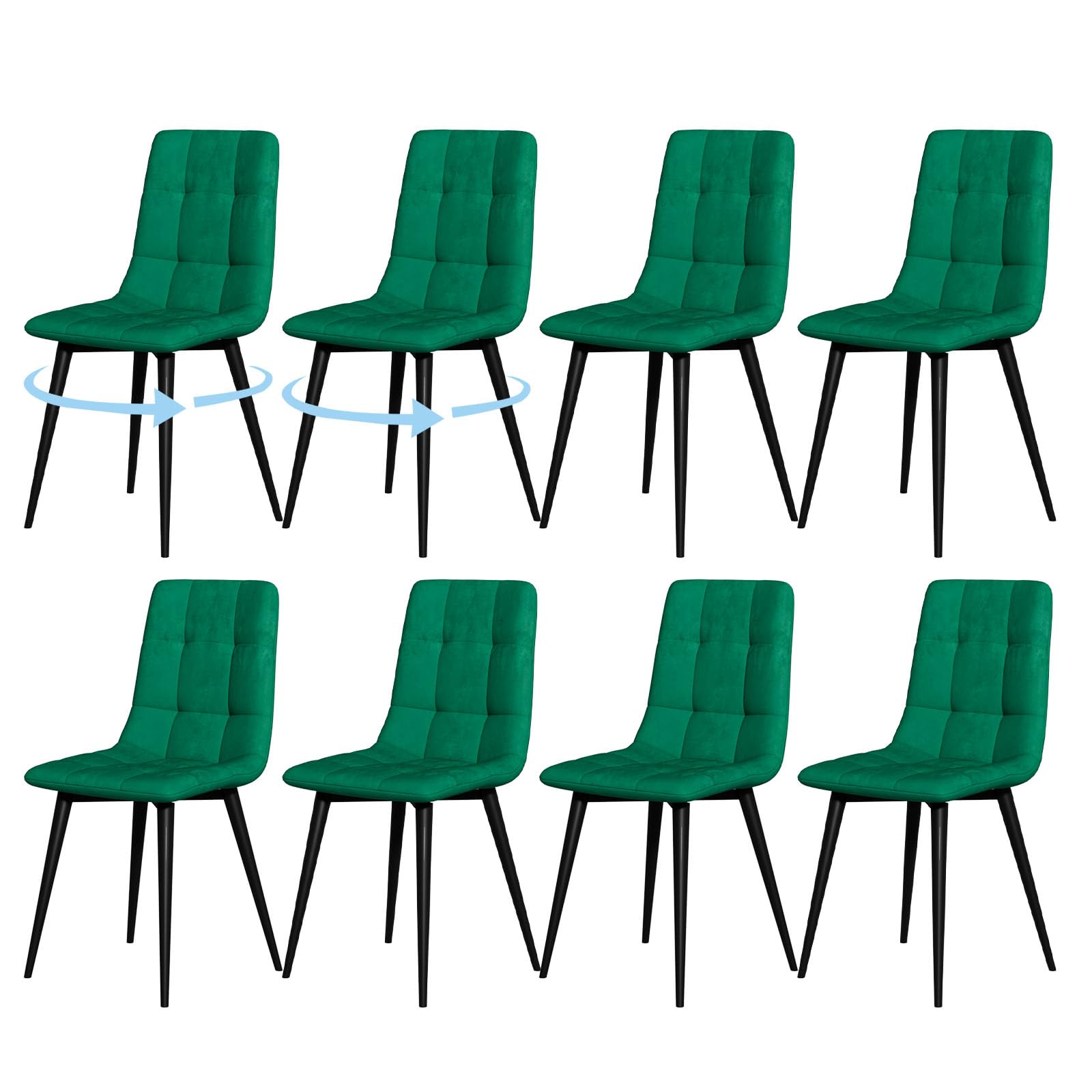 360° Swivel Dining Chairs Set of 8, Upholstered Dining Chair, Velvet Dining Chairs with Metal Frame, Modern Mid Century Kitchen Chairs, Green Chair for Dining Room, Bedroom, Living Room, Kitchen
