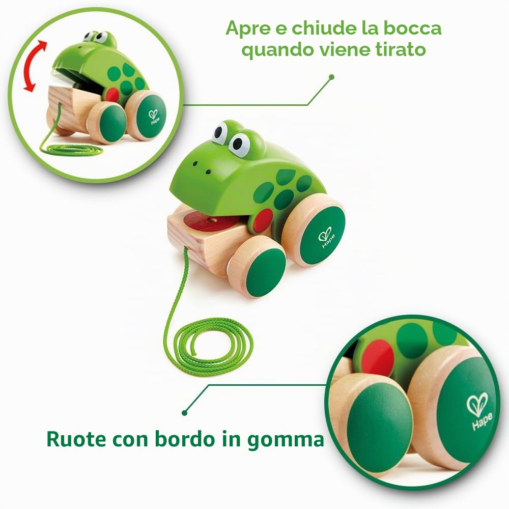 Hape Rana da tirare | In legno e ABS | Ranocchia che apre e chiude la bocca