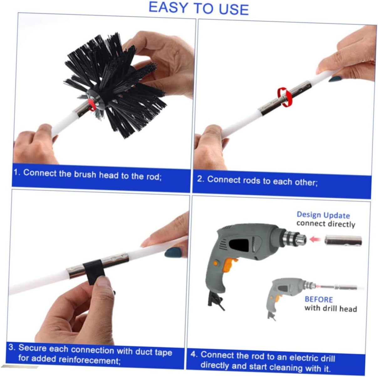 Chimney Cleaning Brush and Dryer Vent Lint Sweeping Tool 610mm Flexible Rod Set with 4 Poles and 1 Brush Head for Fireplace and Duct Maintenance