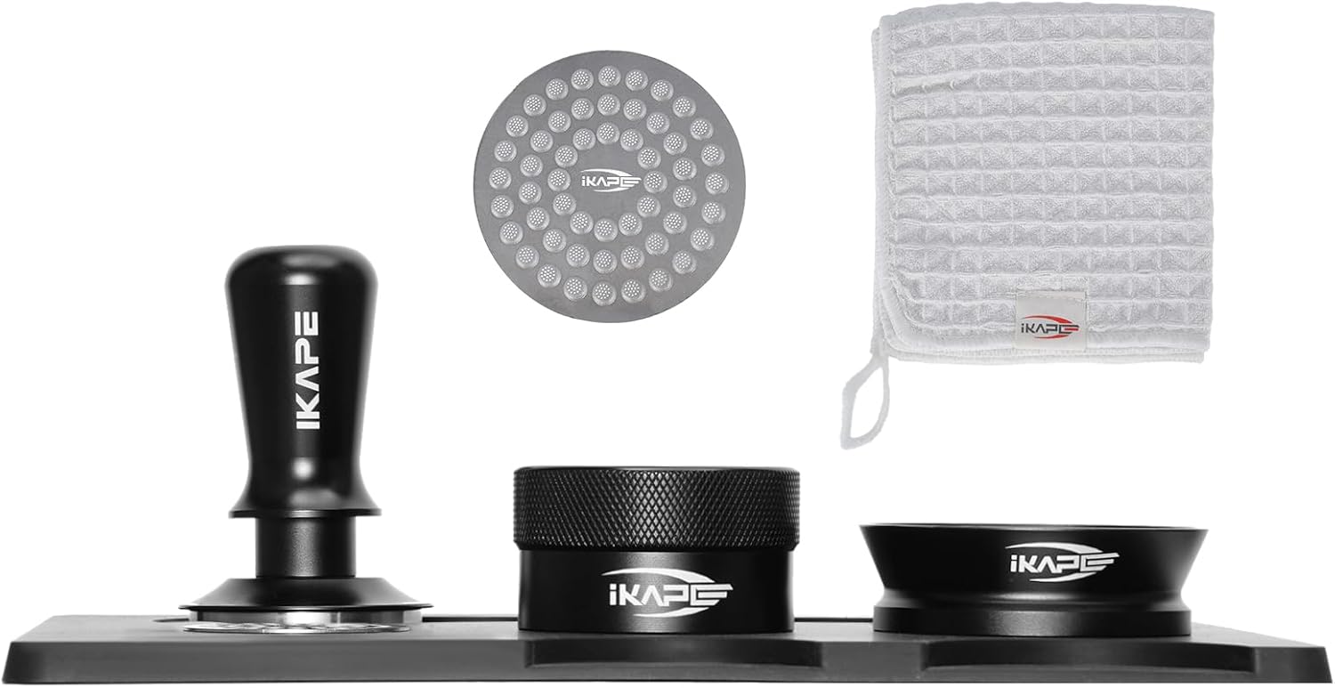 IKAPE 53.3MM Espresso Tamper Kit Black 6 IN 1, Espresso Tool Kit with Coffee Tamper, Distributor, Magnetic Dosing Funnel, Silicone Mat, Puck Screen, Cleaning Towel