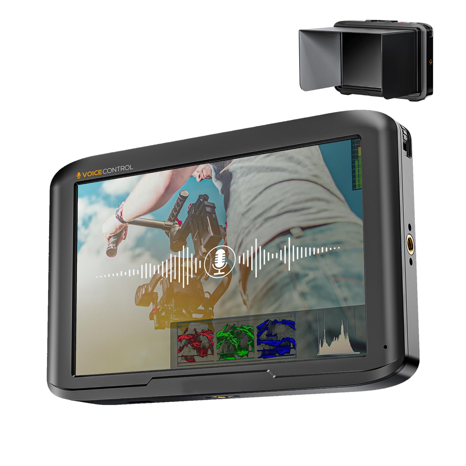 Moniteur de Champ de Caméra 7", écran FHD 1920 X 1200 avec LUT 3D, Sortie D'entrée 4K HDMI 2.0, Commande Vocale, Pare-Soleil et Rotule, pour Appareils Photo Reflex