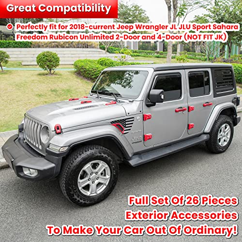26PCS Full Set Exterior Decoration Trim Kit for Jeep Wrangler JL JLU 2018-2023 Door Hinge Handle Engine Hood Hinge Hood Latch Wheel Eyebrow Side Air Outlet Rear Tailgate Window Hinge Cover (Red) by E-cowlboy - Used condition - Image 2