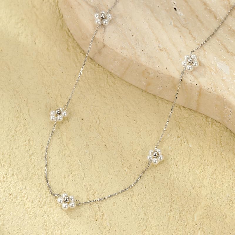 925 Sterling Silver Daisy Pearl Pendant Necklace for Woman 14K Gold Plated Dainty Pearl Flower Choker Necklaces to Mother Daughter Minimalist Elegant Trendy Valentines Wedding Jewelry Gift - Image 4