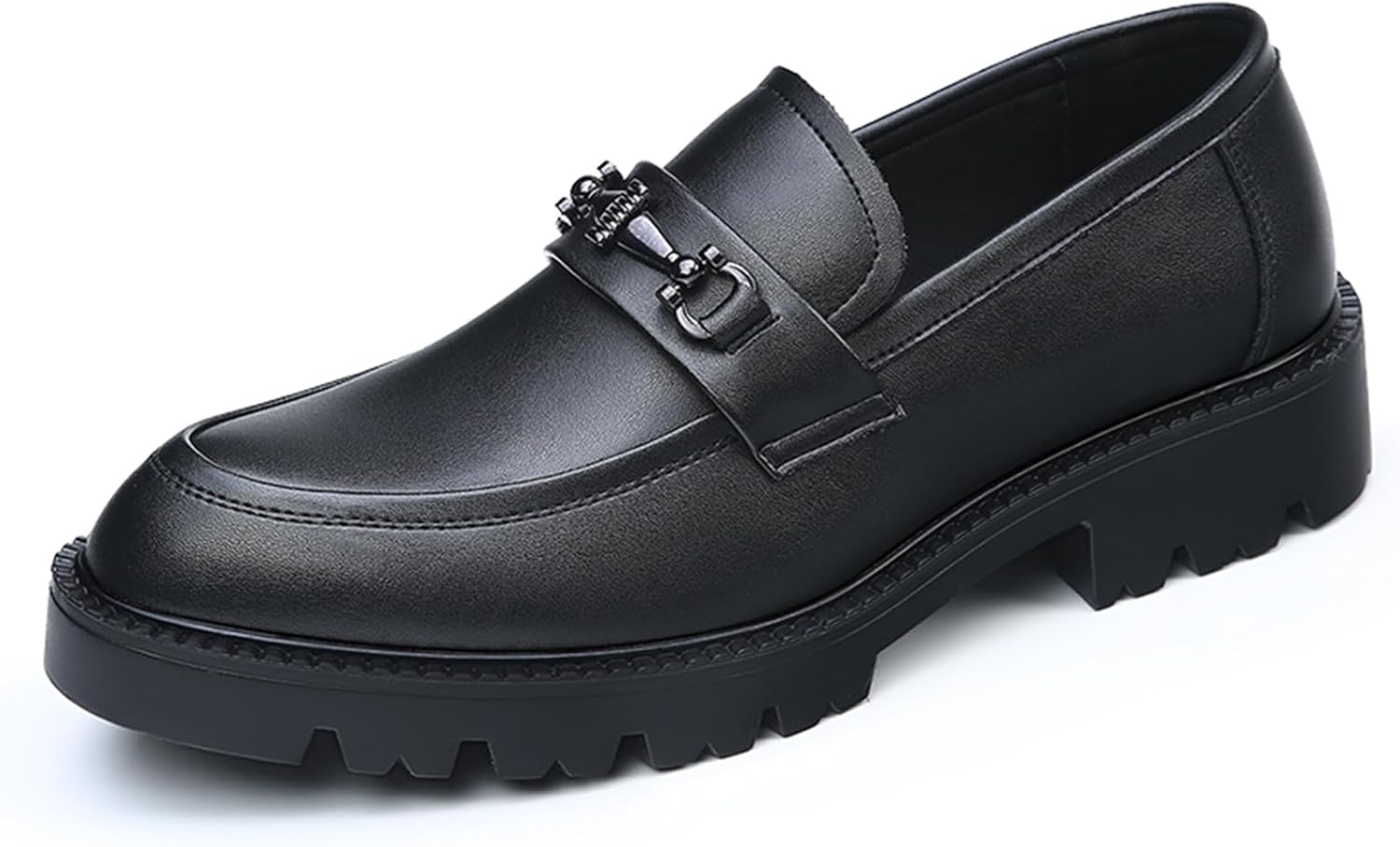 Men's Comfort Platform Chunky Slip-On Loafers, Fashion Metal Chain Shiny Patent Leather Business Casual Dress Shoes, Non-Slip Toe Lug Sole Driving Loafers