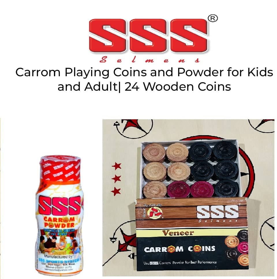 Image of SSS Wooden Carrom Board Coins, Striker and Powder -24 Pieces (Multicolour)