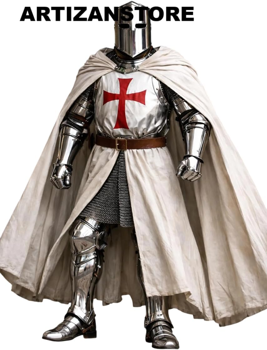 ARTIZANSTORE Templar Knight Full Plate Armor with White Cape | Mirror Polish Medieval Crusader Armor | Gothic Medieval Mart