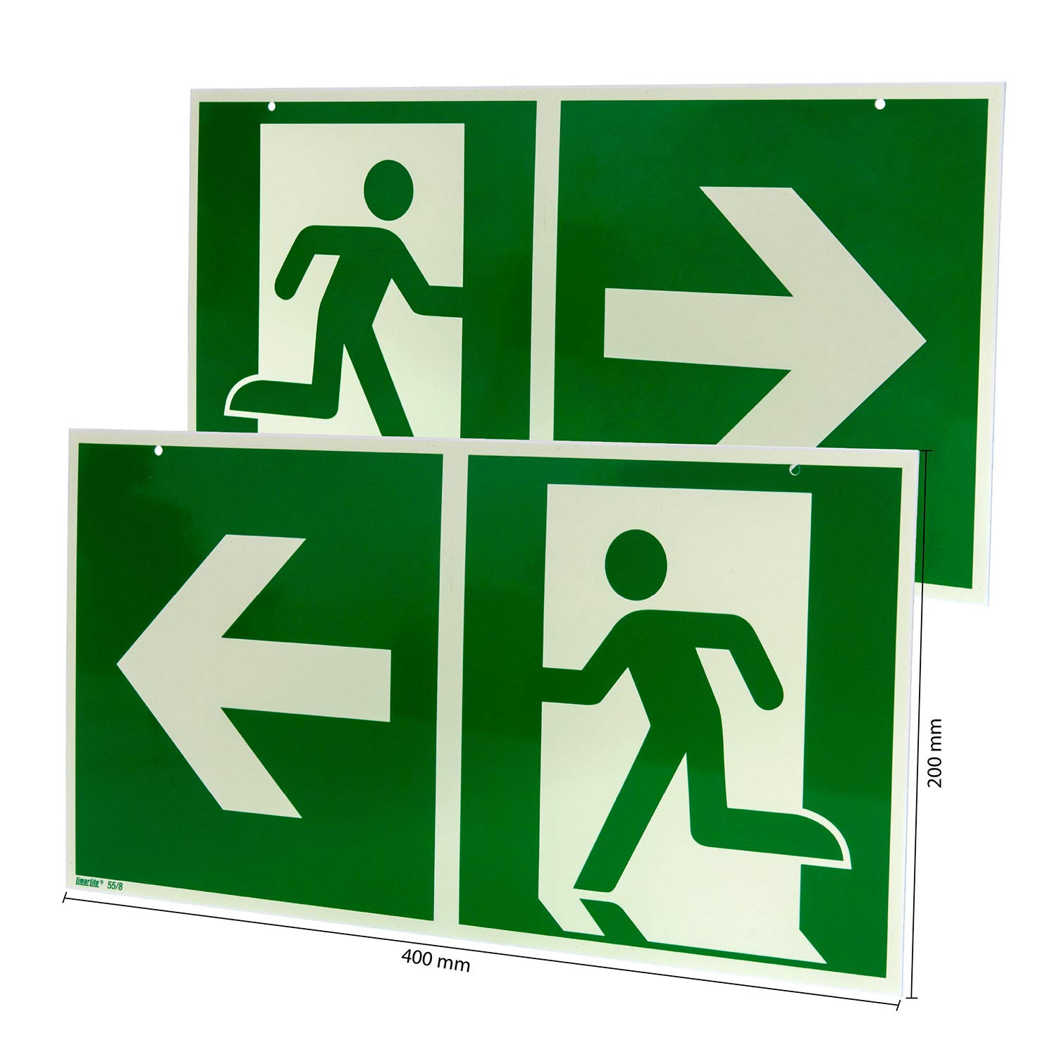 Notausgang Schild doppelseitig 400x200 mm – Rettungswegschild langnachleuchtend 55/8 mcd DIN 67510 Leuchtklasse B gemäß ASR A1.3 / ISO 7010 – Fluchtwegschild Hart-PVC 2 mm, links & rechts