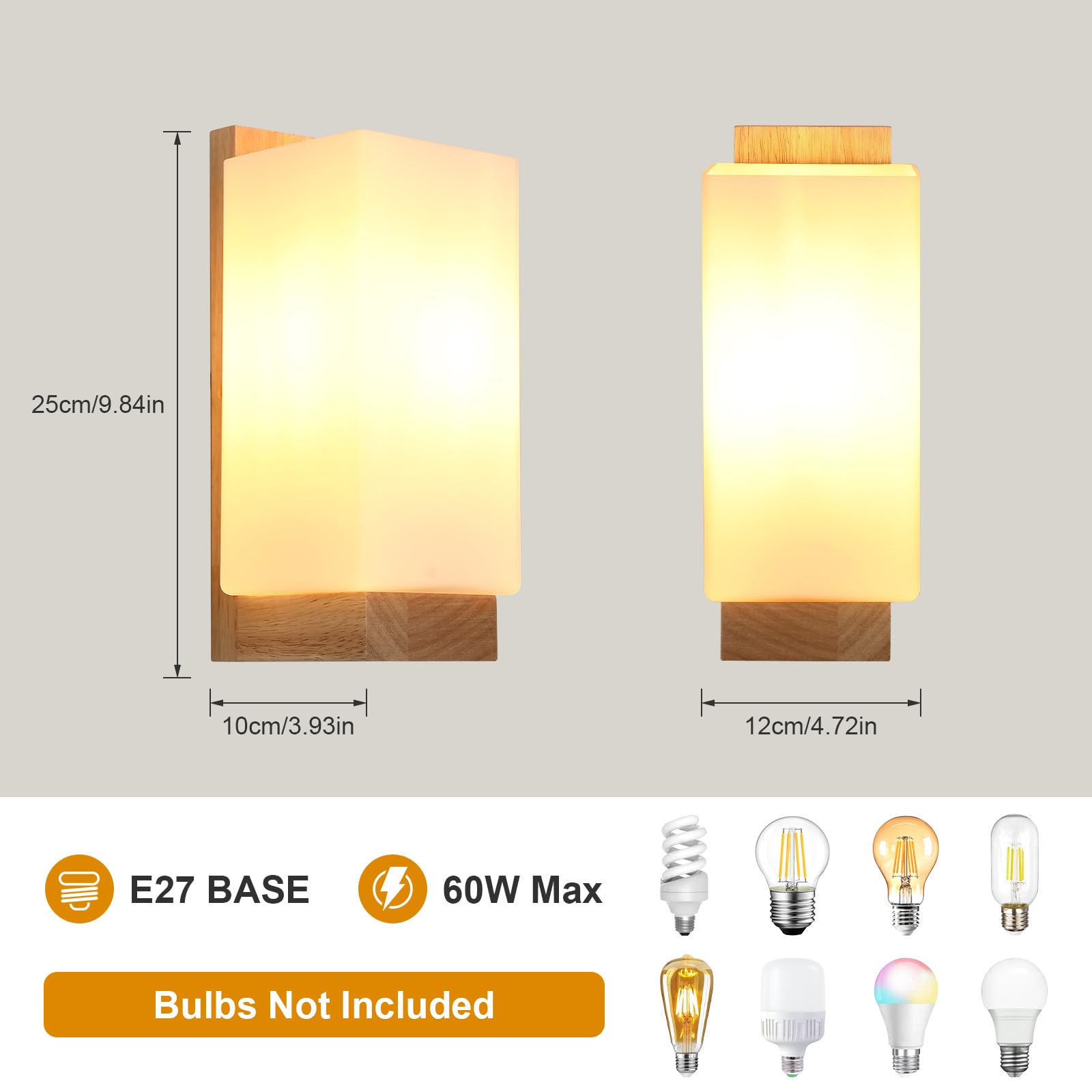 Applique Murale Intérieure Bois E27, Moderne Lampe Murale avec Abat-jour en Verre, Luminaire Murale Chambre Décoration Intérieure pour Cuisine, Salon, Couloir