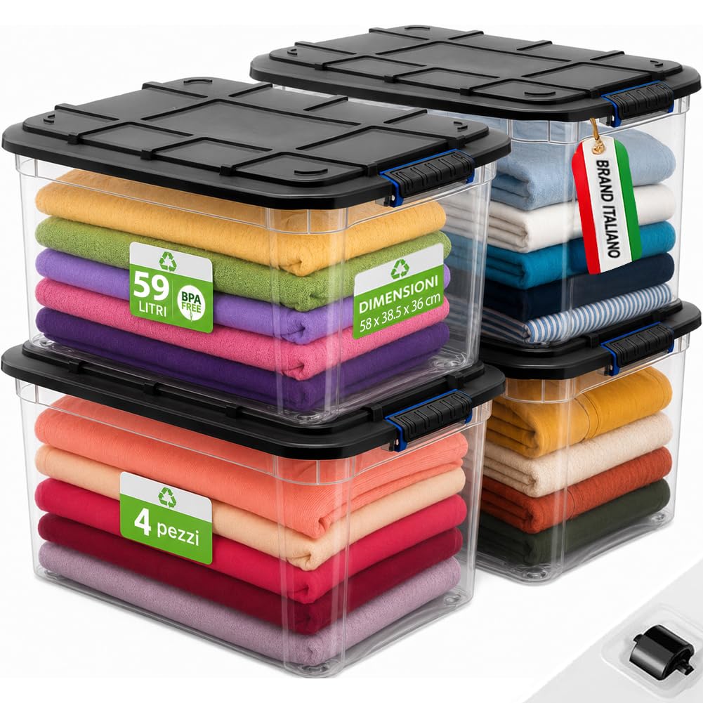 BAKAJI Set 4 Pezzi Contenitori con Coperchio e Ruote, Storage Box per Archiviazione Multiuso Giocattoli, Vestiti, Attrezzi, Accessori, Organizer Capiente e Robusto, Portaoggetti Stoccaggio