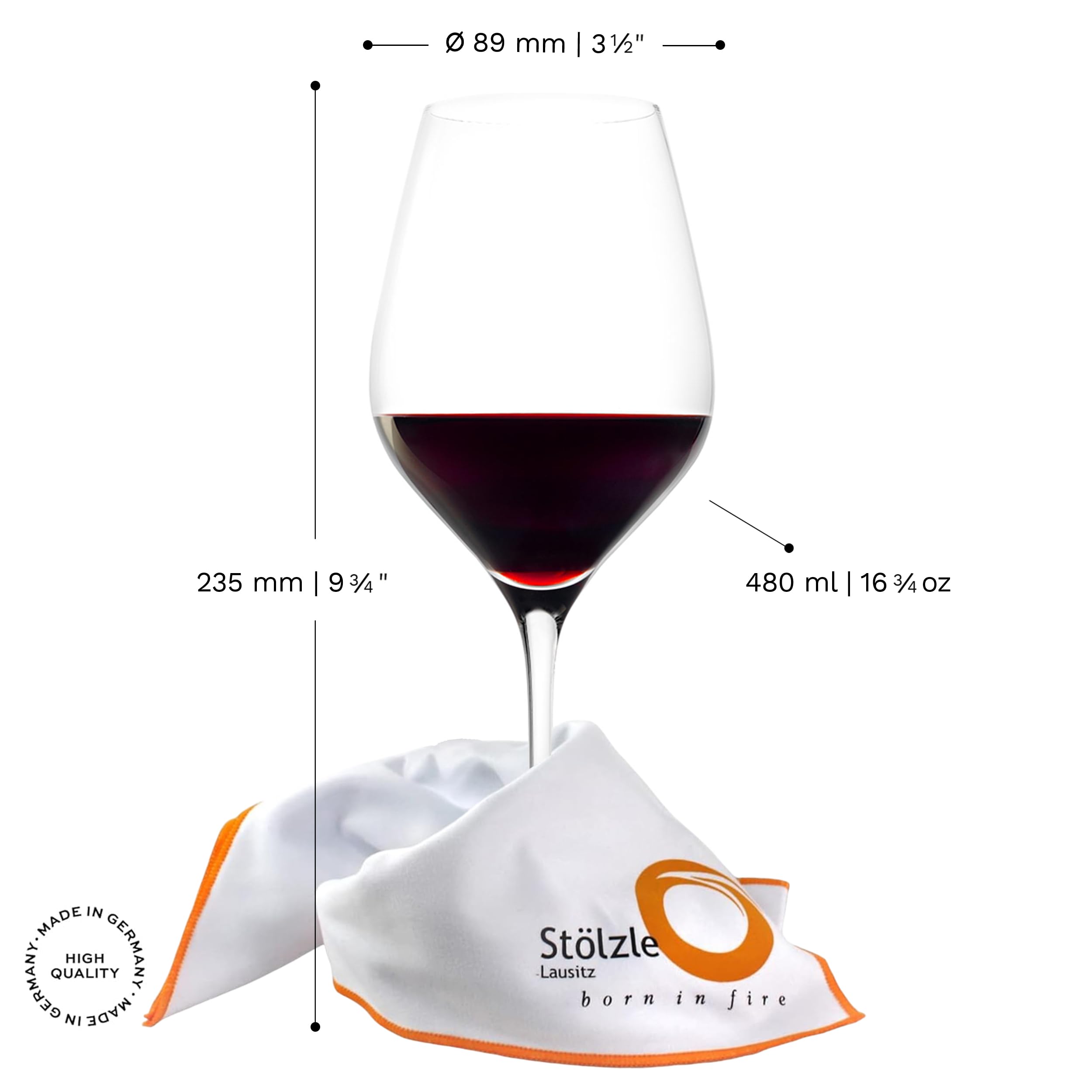 Stölzle Lausitz Exquisit Royal Rotweingläser mit Poliertuch 480 ml, 6er-Set | Rotweingläser mit Poliertuch für Rotwein und optimale Aromaentfaltung, aus Kristallglas, stoßfest & spülmaschinengeeignet