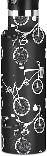 Kids Water Bottle with Straw for School Leakproof Sports Water Bottle for Boys Girls 20oz, BPA-Free, Bicycles Black White