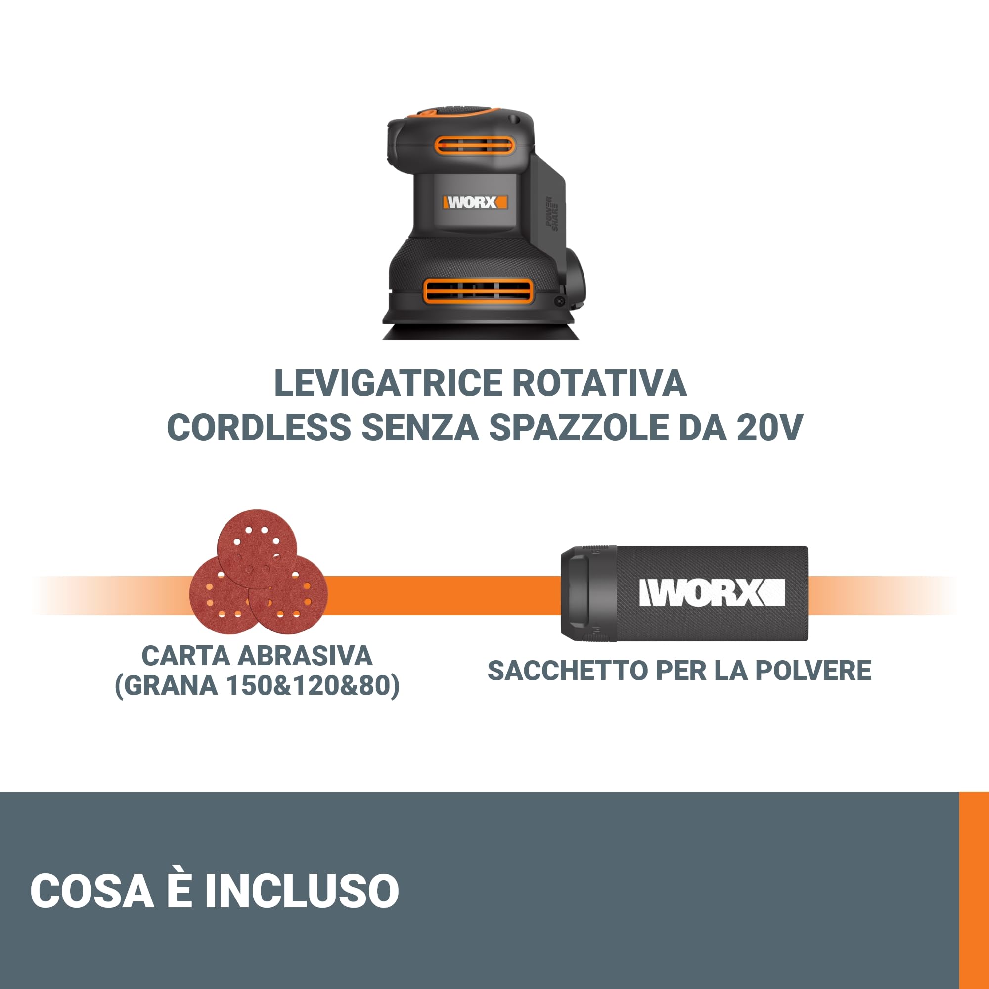 WORX NITRO - Levigatrice eccentrica senza fili, 20 V, piastra di levigatura 125 mm, ideale per superfici piane o curve, Brushless, velocità variabile, fornita senza batteria e caricabatterie, WX823.9