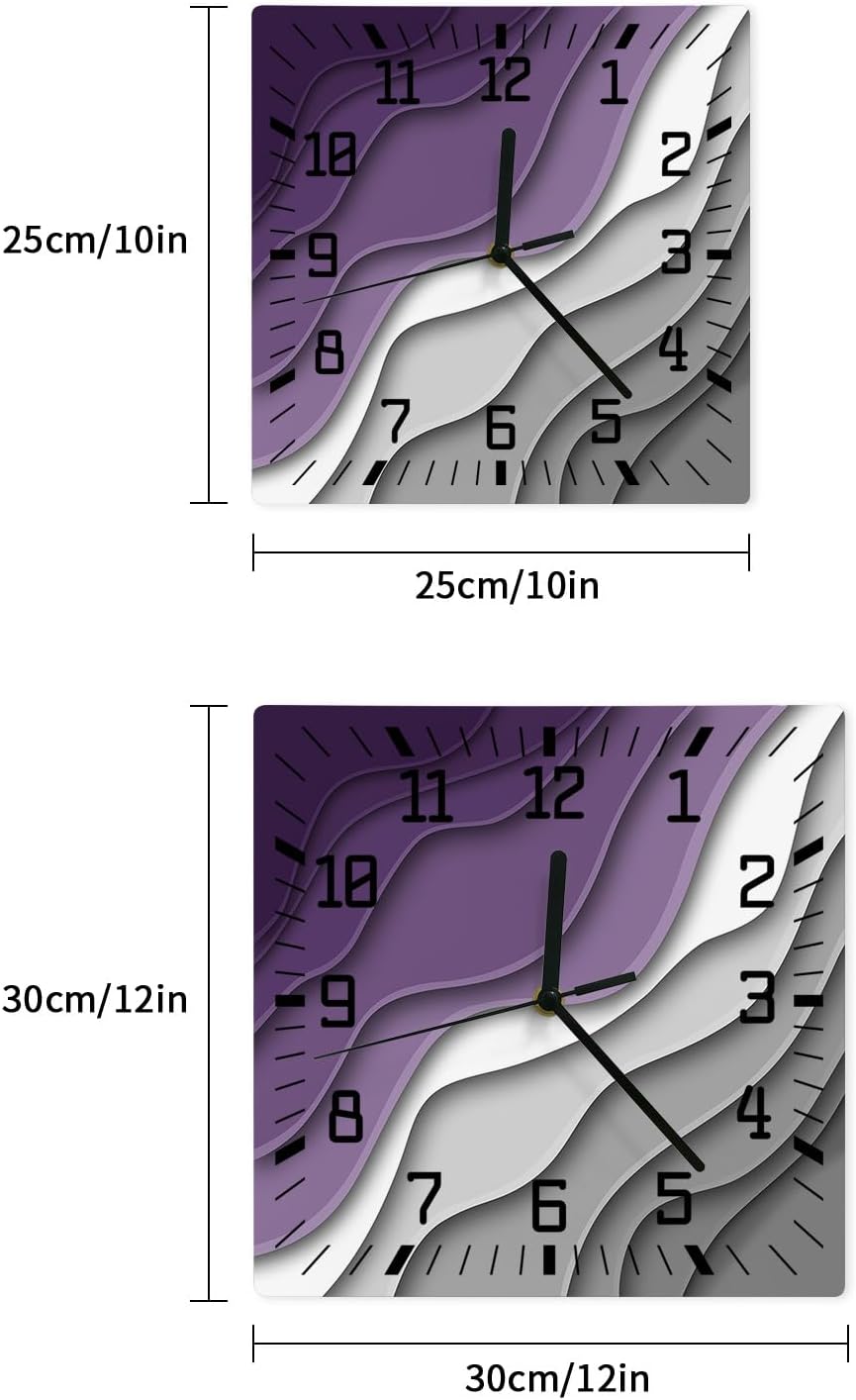 Wall Clock Purple Grey Modern Geometric Battery Operated Clocks Wooden Silent Non-Ticking Wallclock 12 Inch Abstract Beach Wood Square Wall Clock for Living Room Bedroom Kitchen Office Shool Decor