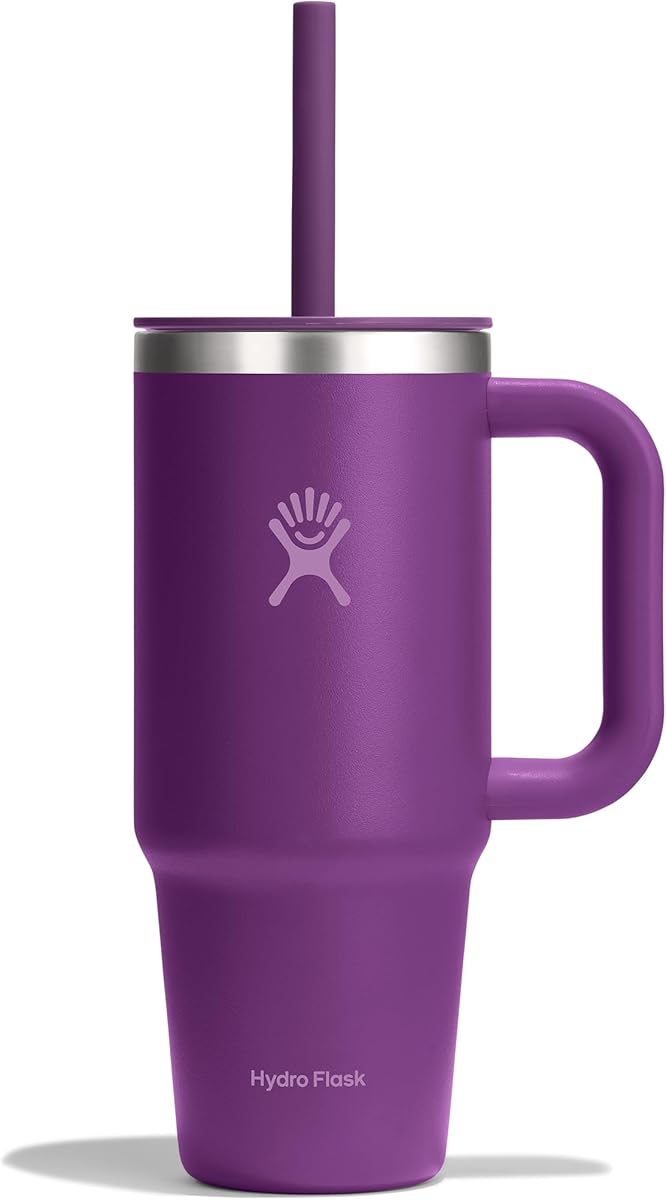 Hydro Flask Travel Tumbler with Handle, Lid and Straw - Insulated Stainless Steel in 24 Oz Beachplum Purple