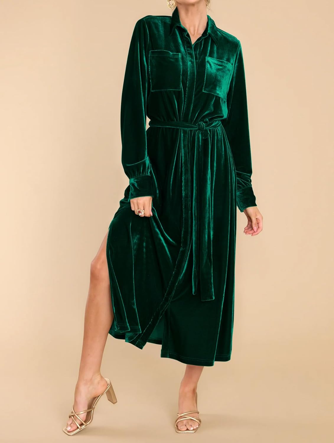 R.Vivimos Women's Fall Long Sleeve Velvet Casual Dresses Button Down Loose Slit Shirt Midi Dress with Belt - Image 4