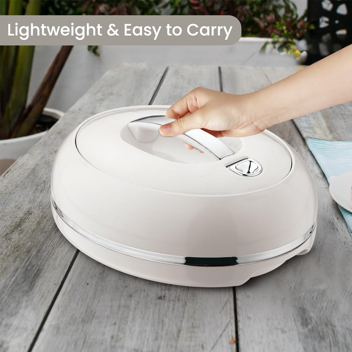 Elegante casseruola ovale isolata grande – coperchio aperto con una mano – 0,9 l – scaldavivande di lusso – ciotola termica per buffet/feste – contenitore per alimenti caldi in acciaio inox – argento