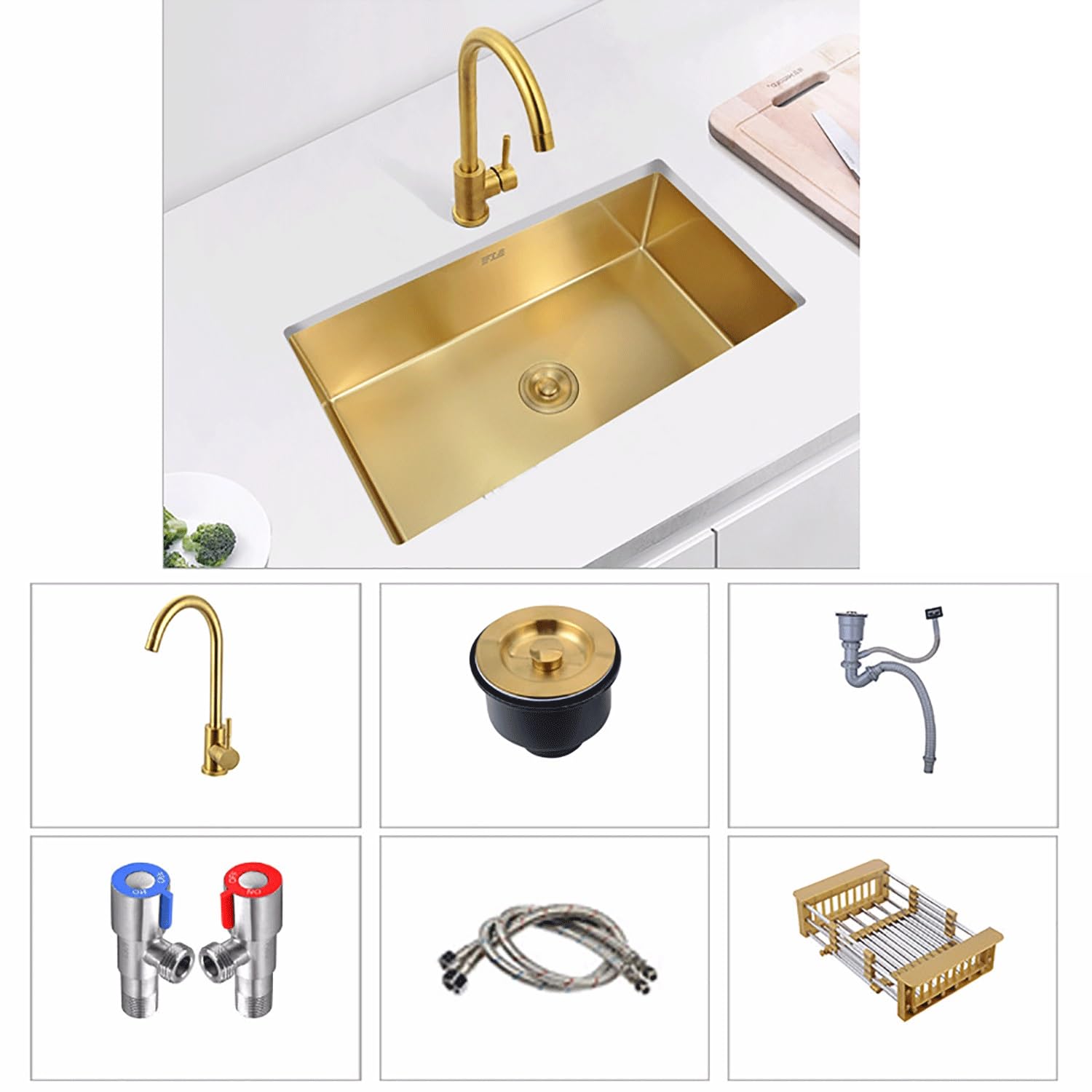 Lavello da cucina in oro Lavandino in Acciaio Inox Vasca Unica Lavabo da Cucina Incasso al mobile Lavandino Commerciale Con miscelatore Cestello di scarico for cucine,balconi,bar(60*40cm(23.6"*15.7"))