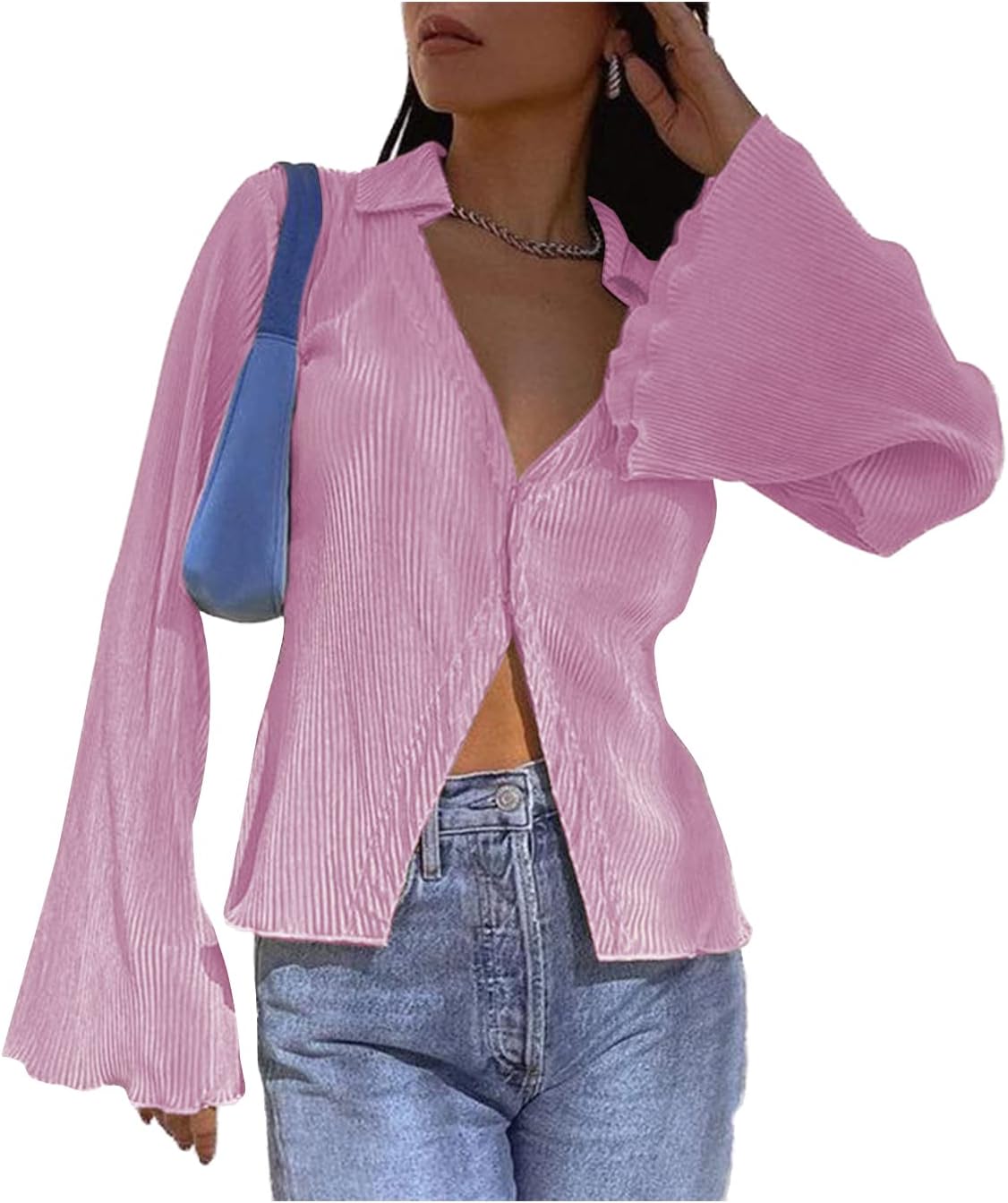 LYANER Women's Deep V Neck Button Front Bell Long Sleeve Blouse Shirt Top - Image 2