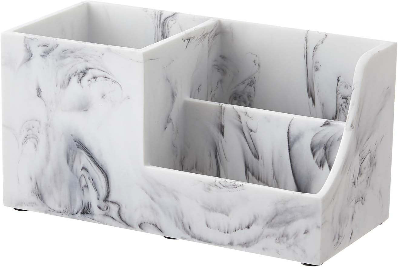 YININE Office Desk Organizer, White Marble Look Desktop Stationery Organizer Office Supplies Caddy Organizer Pencil Holder with Phone Stand Remote Holder for Office Home School College Vanity