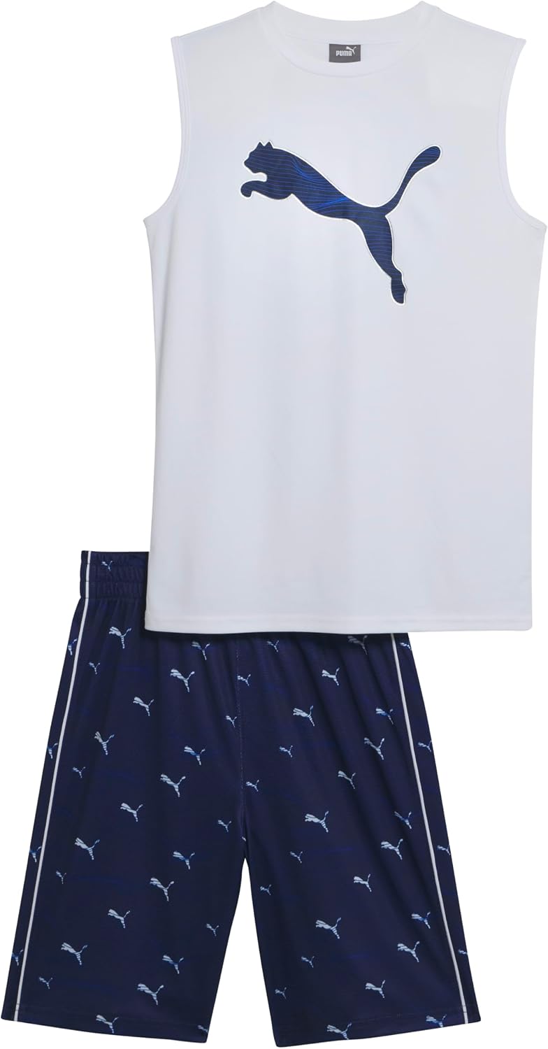 PUMA Boys' 2 Piece Interlock Muscle Tee & Short Set, White Traditional