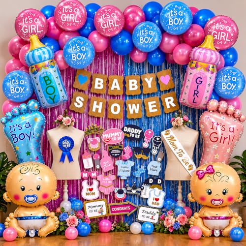 Party Propz Baby Shower Decorations Kit - 92 Pcs Baby Shower Backdrop Decoration Set, Props and Banner, Balloons, Foil Curtains, Mom to be Sash, Dad to be Badge, Godh Bharai Decoration
