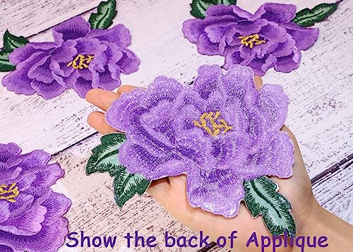 Mini Skater Peony Floral Embroidered Iron On/Sew On Patches Flower Repair Decorative Patch Applique for Clothes Denim Jackets T-Shirt Dress Backpacks Jeans Hats DIY Accessory, 2 Pairs/4PCS (Purple) - Thumbnail 3