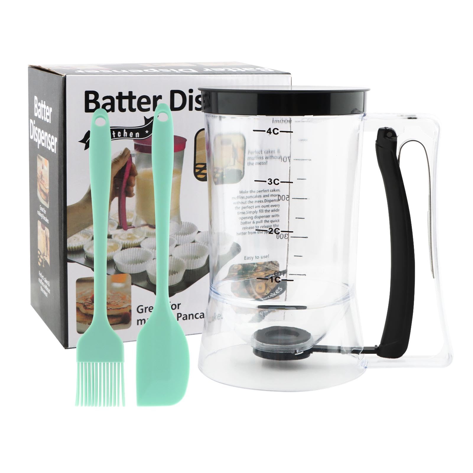 Pancake Batter Dispenser, Cupcake Batter Dispenser with Squeeze Handle & Oil Brush and Scraper, Baking Tool for Precise Portion Control, for Pancakes Cupcake, Waffle, Muffin Mix(Black)