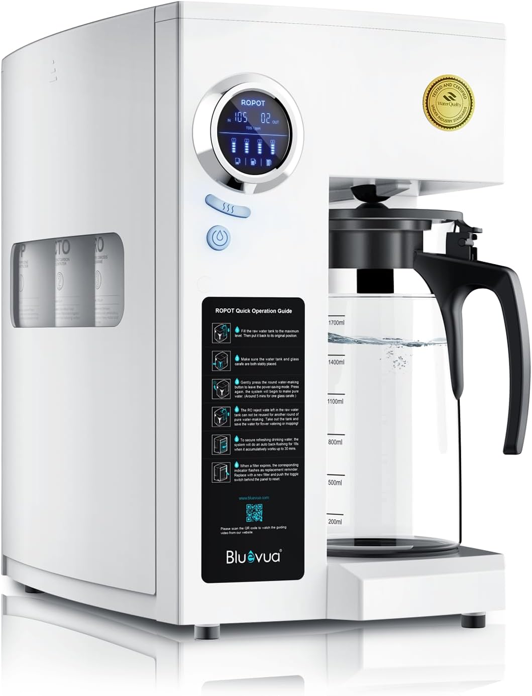 Bluevua RO100ROPOT Reverse Osmosis System with 4-Stage Cleaning, Counter RO Filtration, 2:1 Pure Empty, Portable Water Purifier for Home