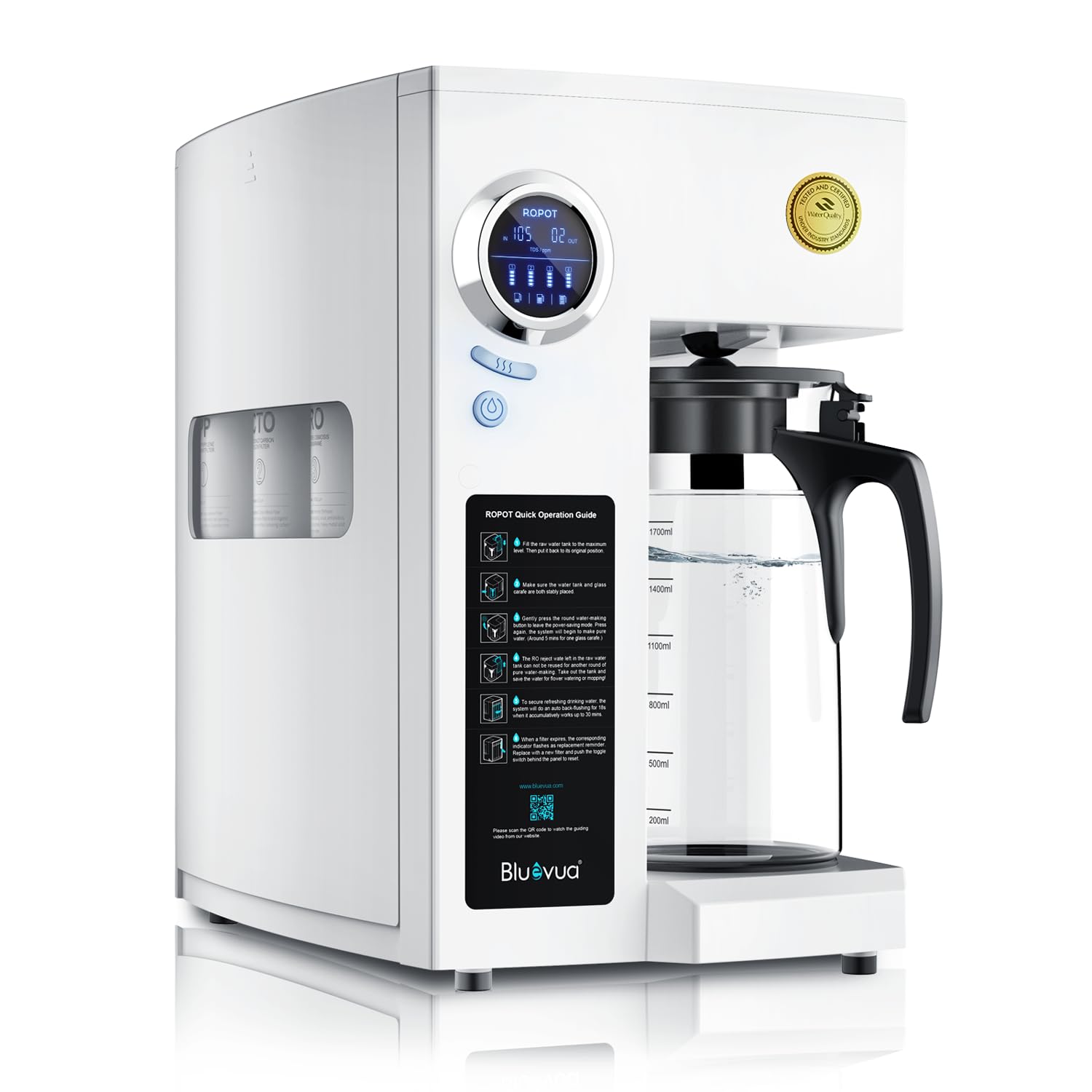 Bluevua RO100ROPOT Reverse Osmosis System Countertop Water Filter, 4 Stage Purification, Counter RO Filtration, 2:1 Pure to Drain, Purified Tap Water, Portable Water Purifier for Home