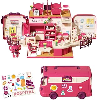 2-in-1 Portable Dollhouse Travel Bus, DIY Role-Playing Camper Car Toy Set, Includes Koala Plush Toys and Furniture, Portable Camping Game House Birthday Gift for Girl Kid Toddler (Ambulances)